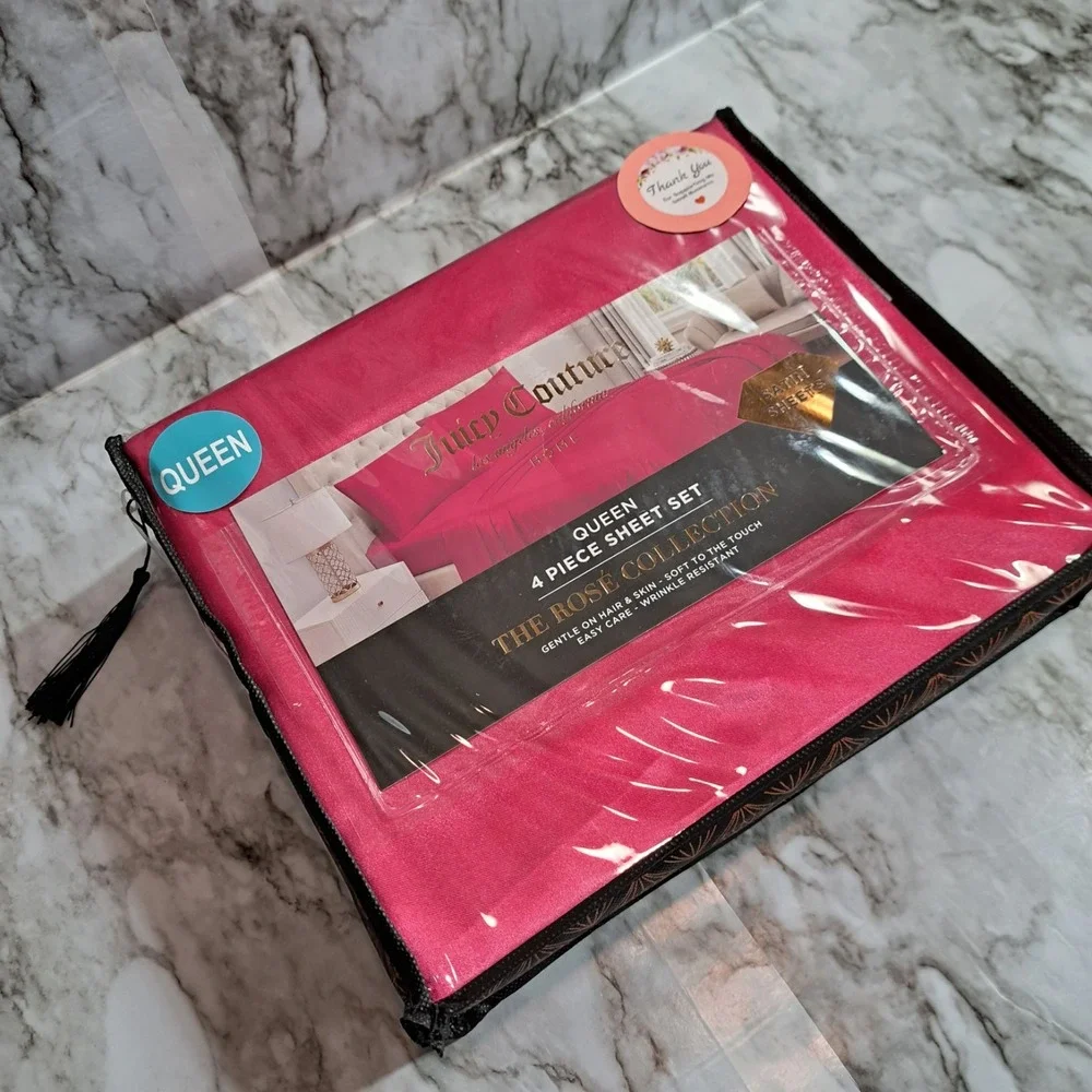Juicy Couture Queen 4 Piece Sheet Set Fuchsia Wrinkle Resistant‎ Satin Sheets